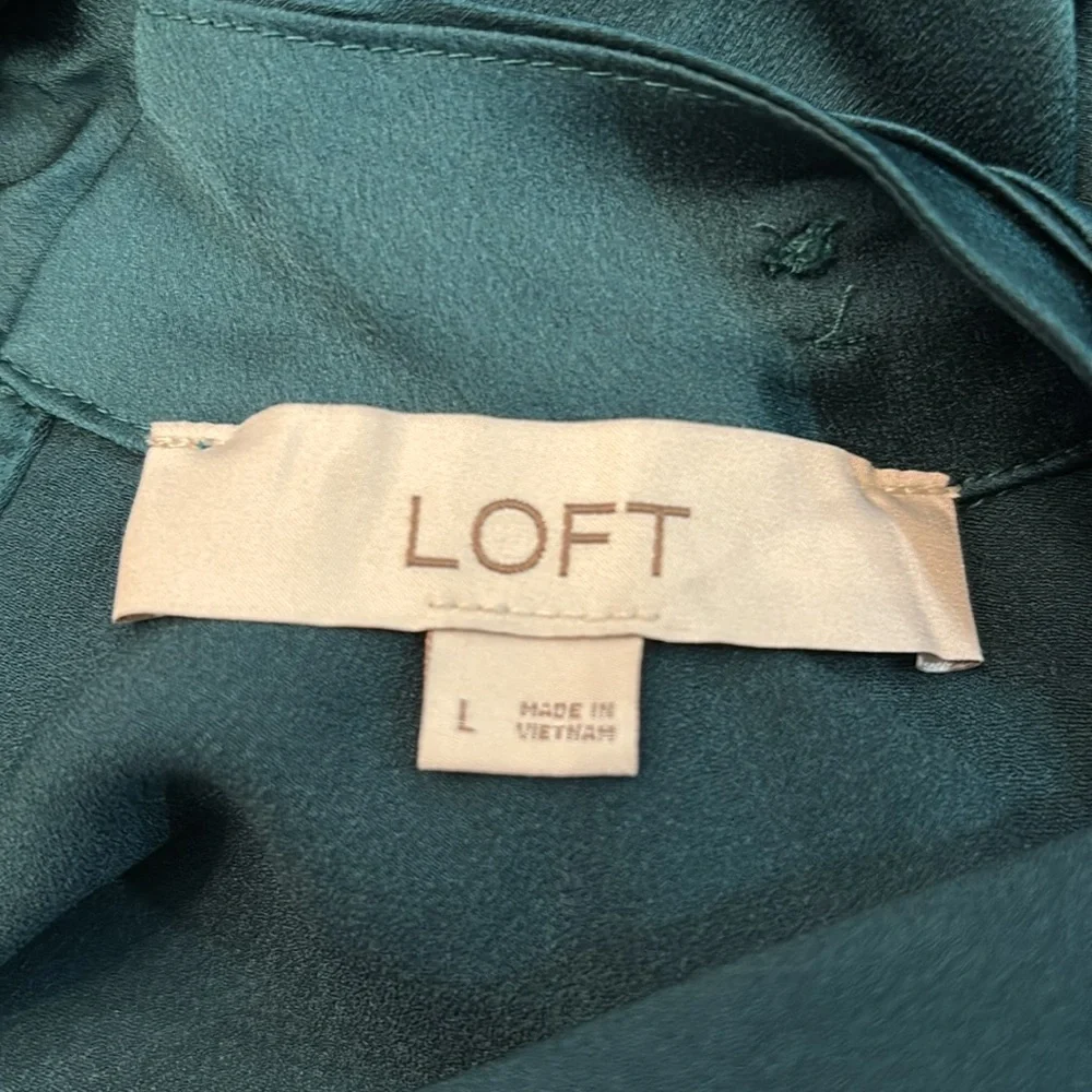 LOFT Green Satin Long-Sleeve Blouse